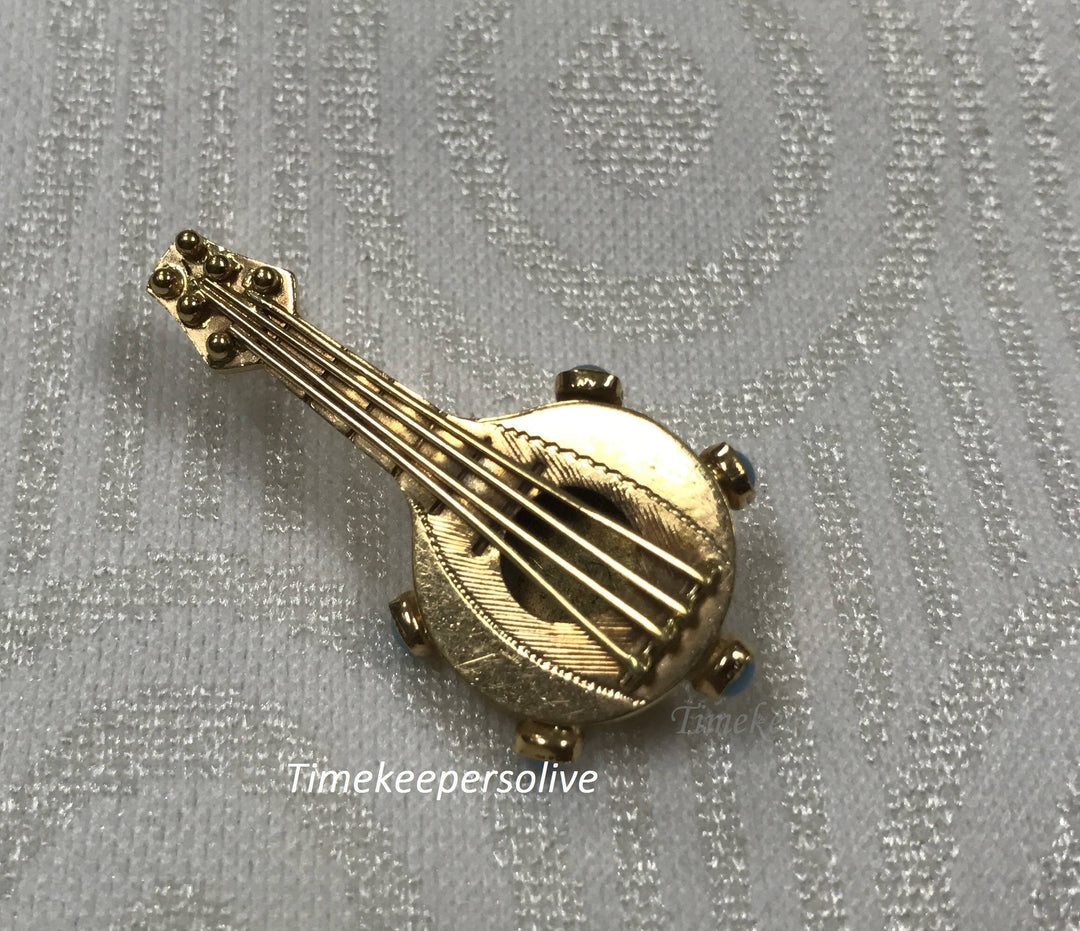a729 Cute 14k Yellow Gold Turquoise Banjo Musical Instrument Brooch Perfect