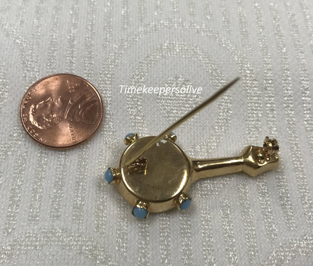 a729 Cute 14k Yellow Gold Turquoise Banjo Musical Instrument Brooch Perfect