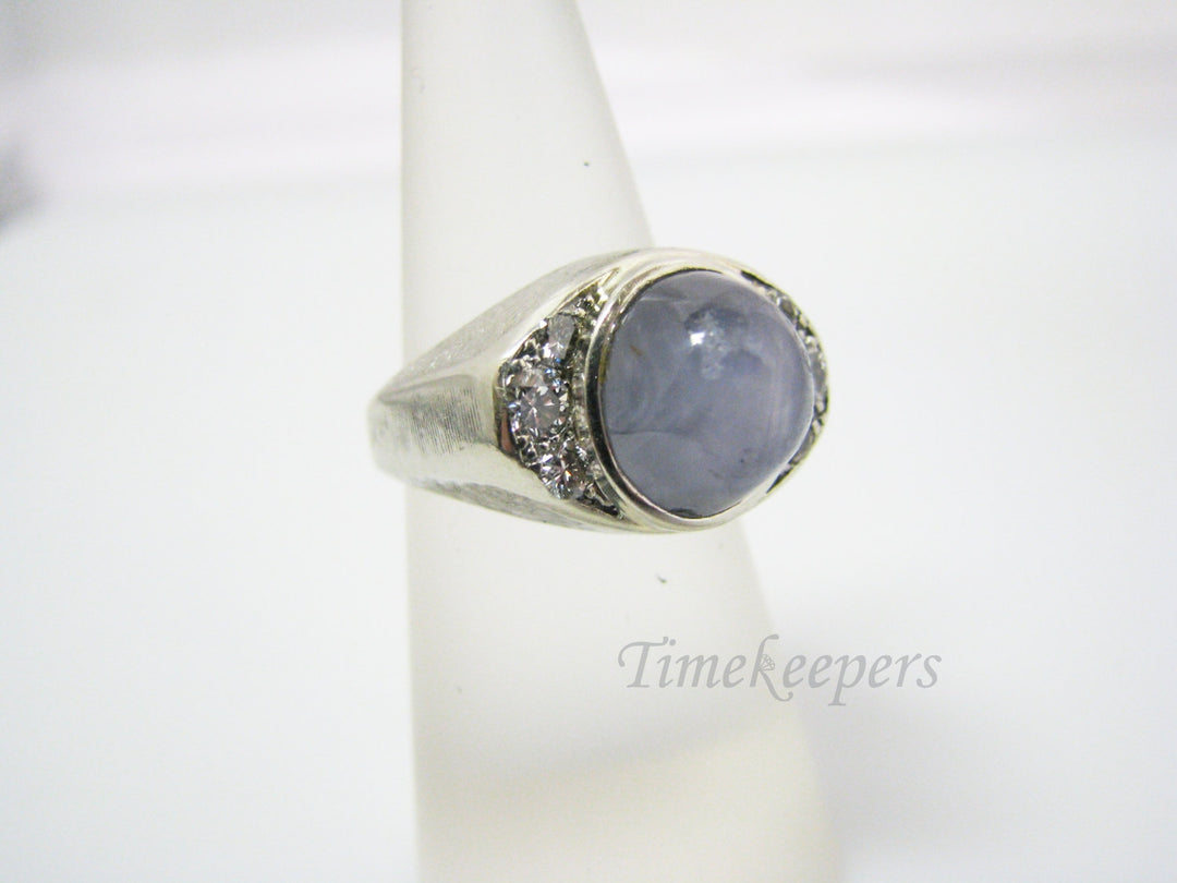 a1022 Handsome 14k White Gold Man's Light Blue Stone and Diamond Ring Size 6.25