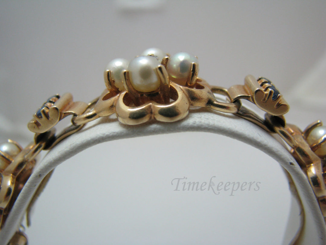 a560 Vintage Beautiful 14k Yellow Gold Pearl Flower Diamond Sapphire Bracelet