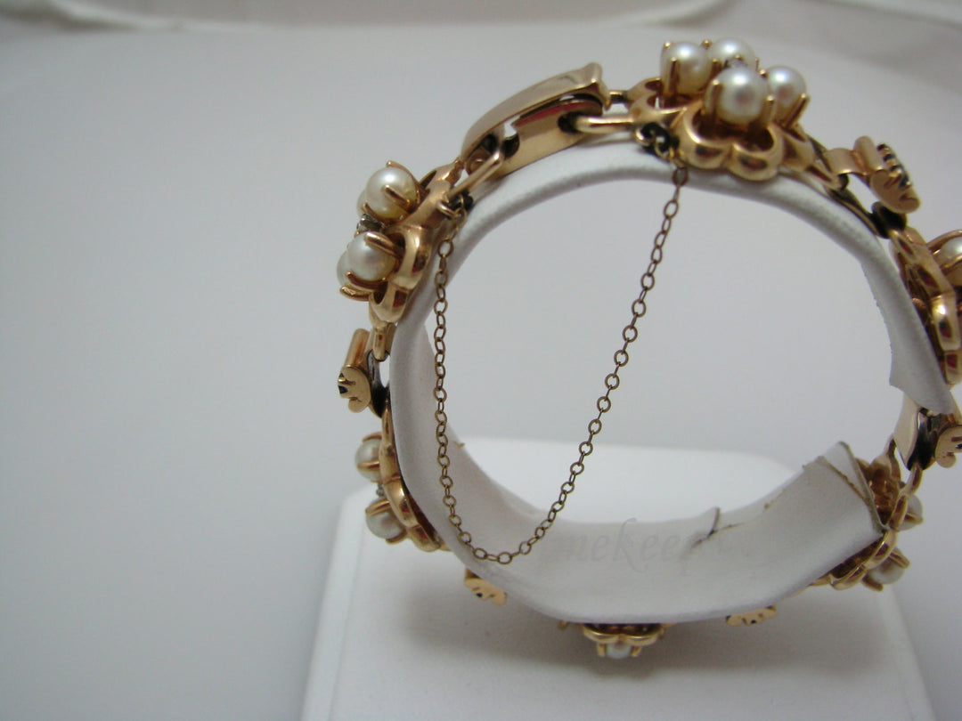 a560 Vintage Beautiful 14k Yellow Gold Pearl Flower Diamond Sapphire Bracelet