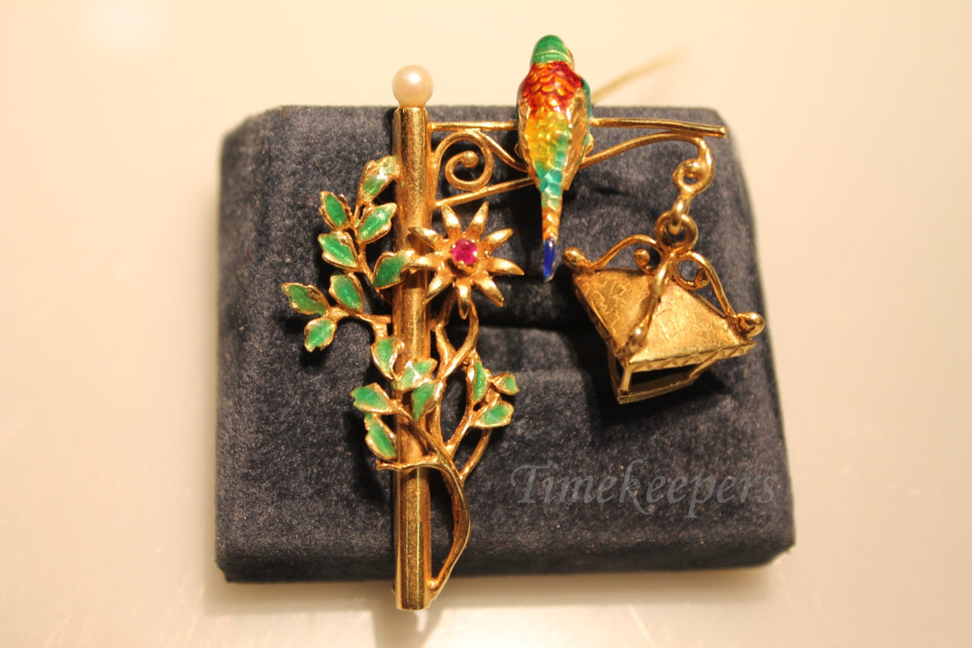 a732 Enameled Brooch Vintage Lamp Post with Enameled Bird Leaves and Ruby Flower