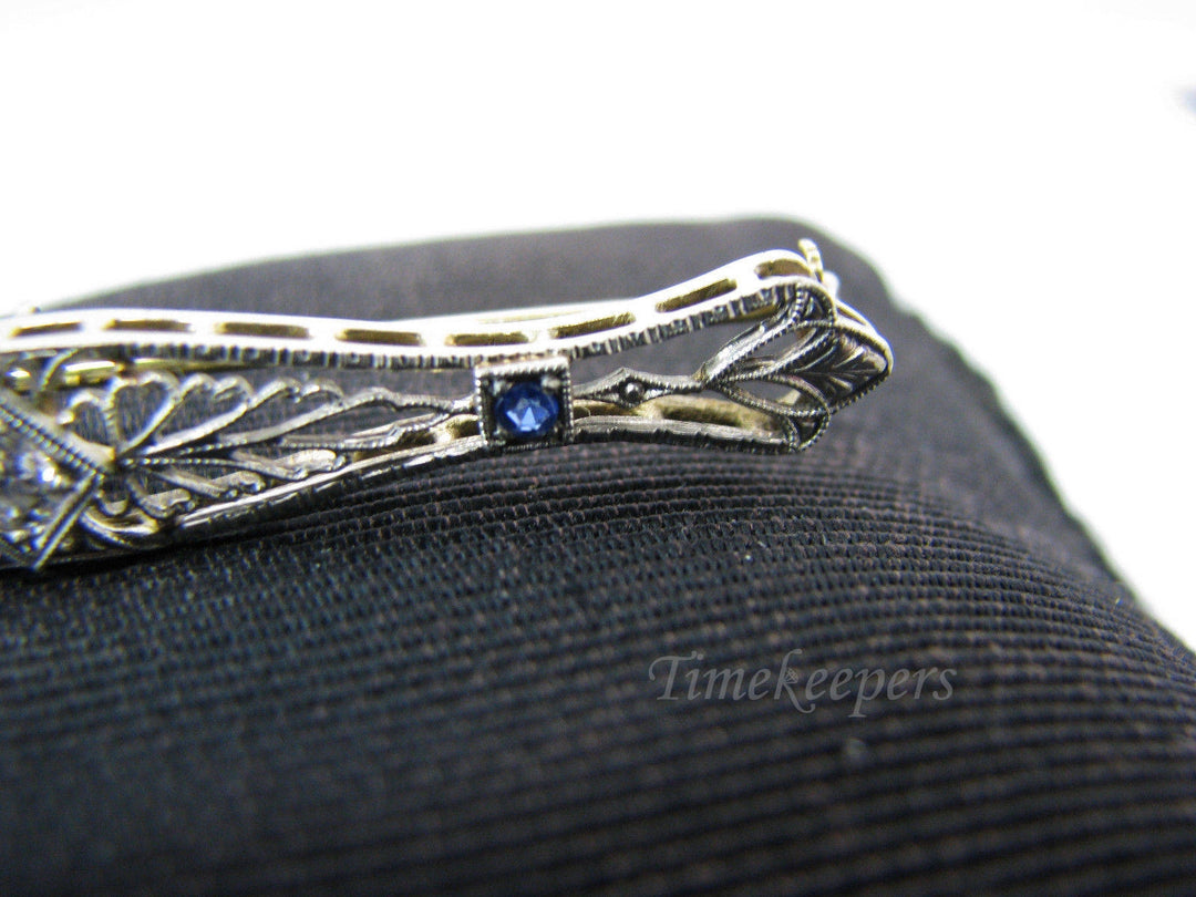 a367 Vintage Elegant 14k White Gold Bar Brooch with Diamond and Blue Stones
