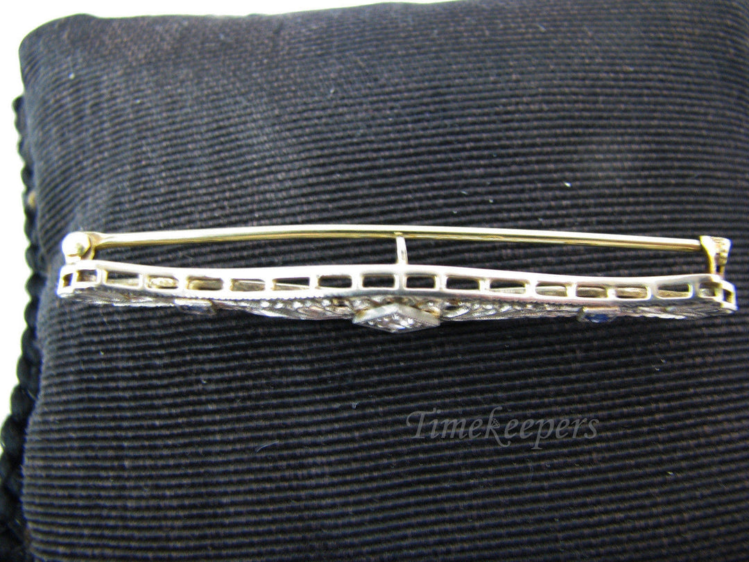 a367 Vintage Elegant 14k White Gold Bar Brooch with Diamond and Blue Stones