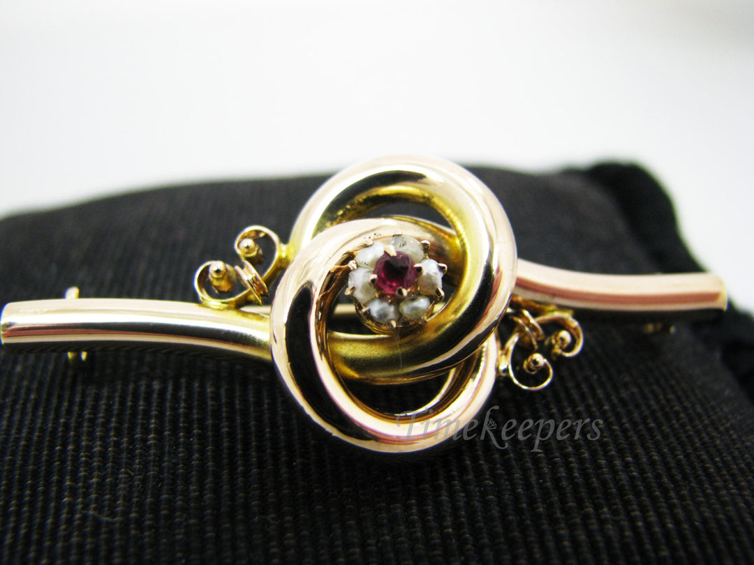 a950 Unique Vintage Brooch with Red Stone and Natural Seed Pearls in 14k YG