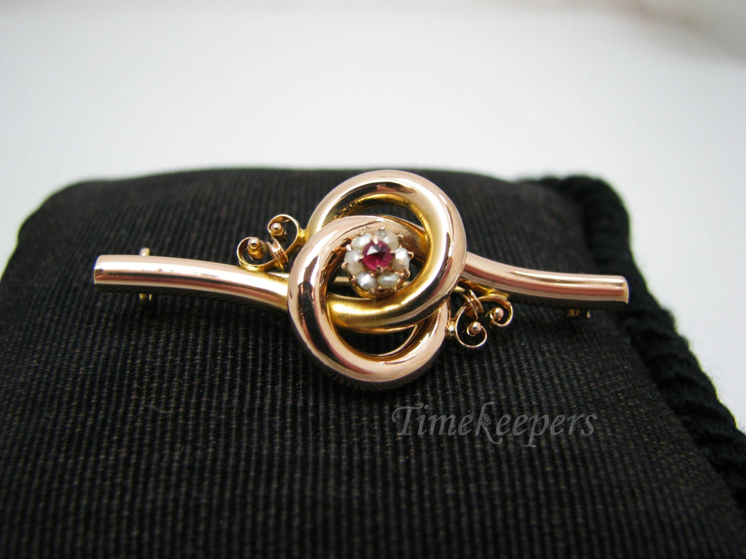 a950 Unique Vintage Brooch with Red Stone and Natural Seed Pearls in 14k YG