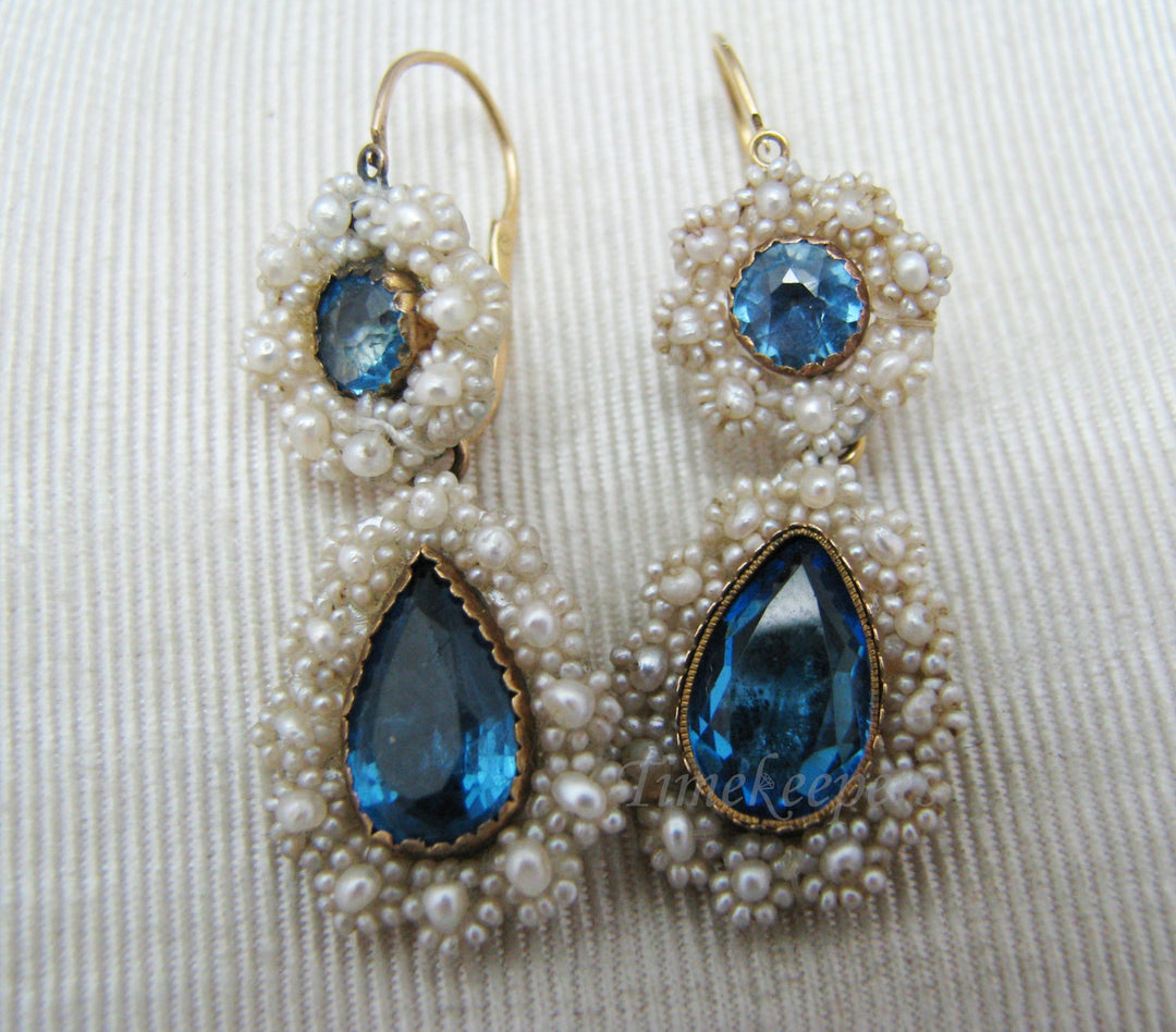 j168 Beautiful Vintage Pierced Earrings with Blue Center Stones encircled by Pearls