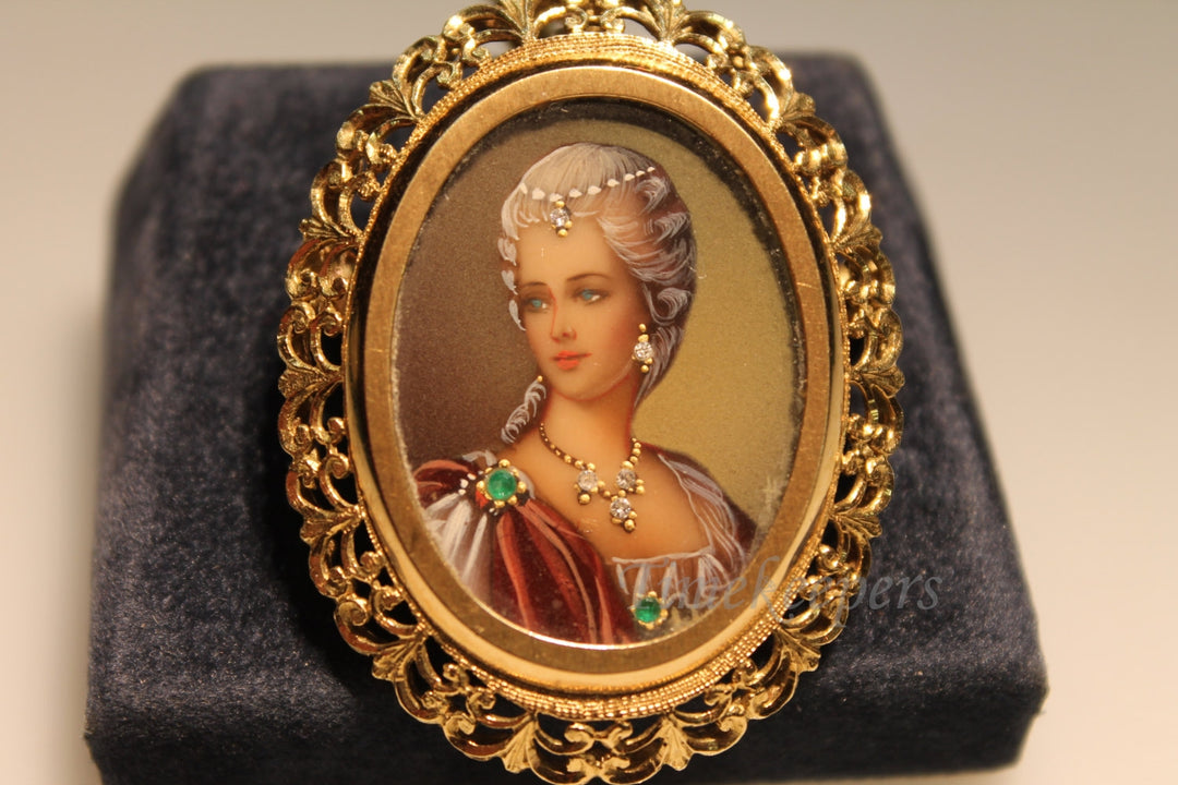 a696 Beautiful Hand Painted Portrait 14k Yellow Gold Brooch/ Necklace Diamonds