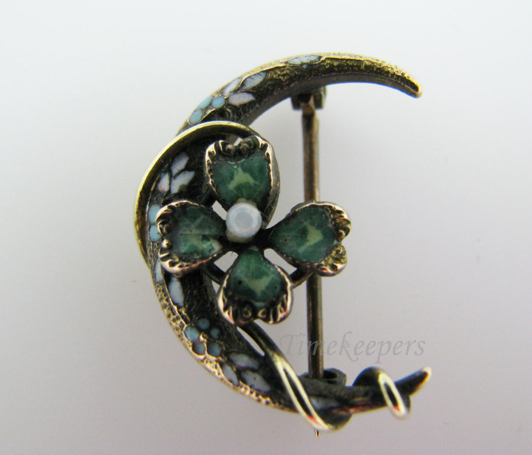 a642 Vintage Gold Filled Brooch Pin with Moon and Four Leaf Clover