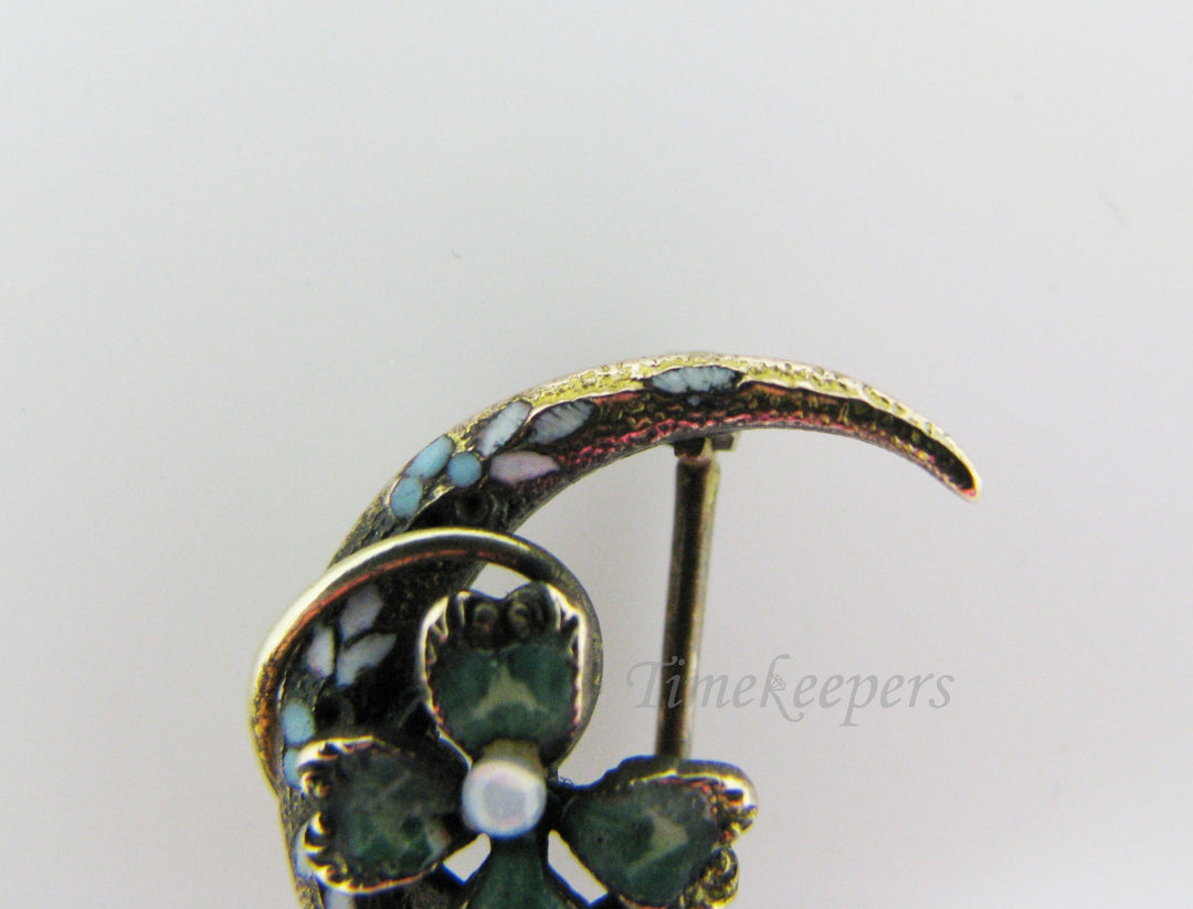 a642 Vintage Gold Filled Brooch Pin with Moon and Four Leaf Clover