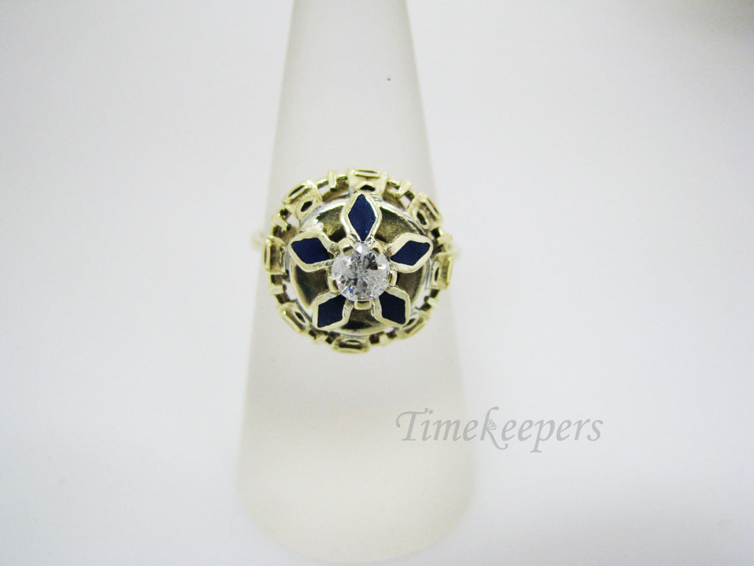 a284 Unique Vintage 14k Yellow Gold Diamond and Blue Enamel Ring