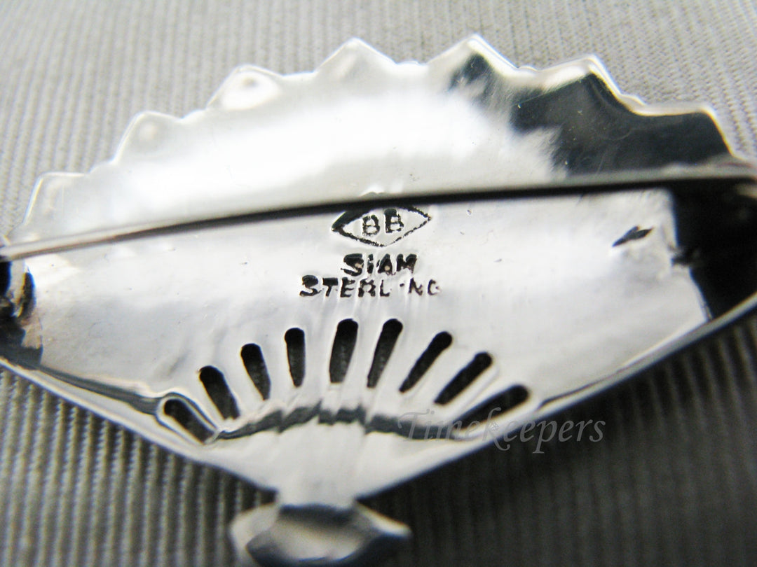 a908 Vintage Siam Sterling Niello Gray Enamel Fan Brooch Pin