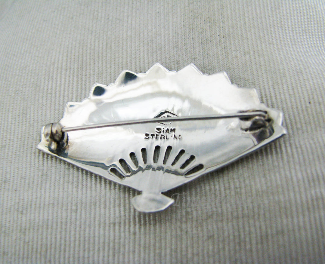 a908 Vintage Siam Sterling Niello Gray Enamel Fan Brooch Pin