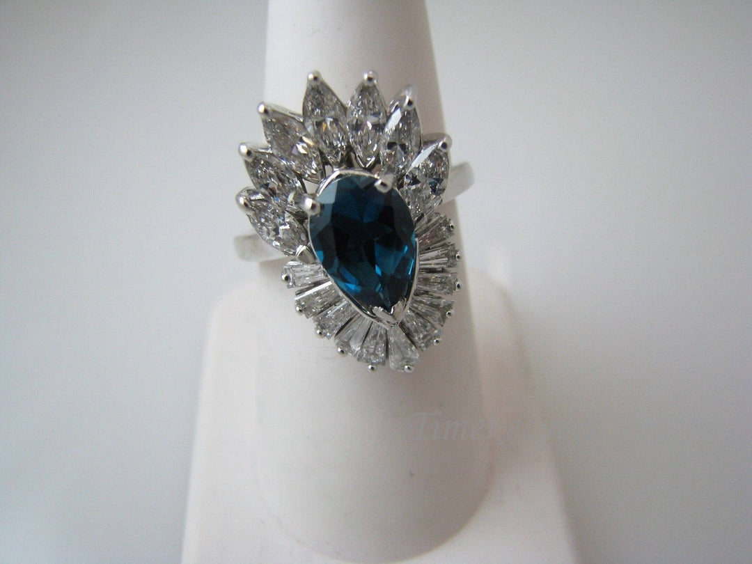 a819 Vintage Beautiful London Blue Topaz and Diamond Ring in Platinum Size 7