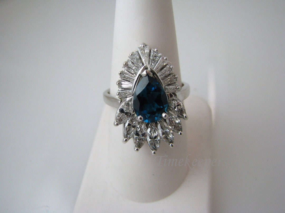 a819 Vintage Beautiful London Blue Topaz and Diamond Ring in Platinum Size 7