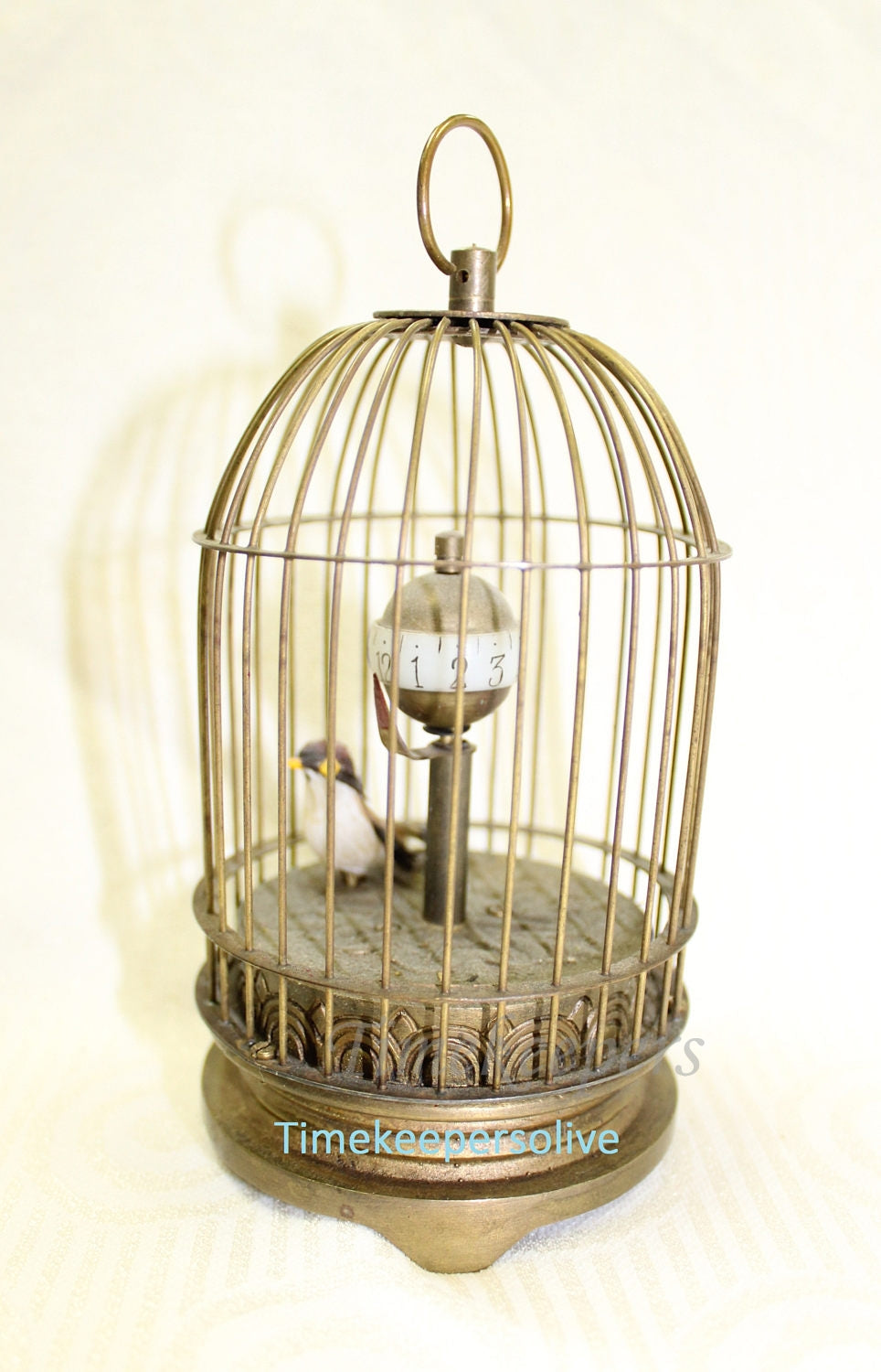 a1114 Vintage Rare Unique Working Brass Bird Cage Mechanical Table