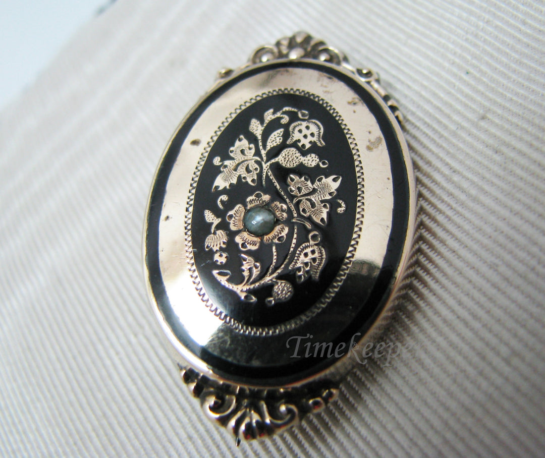 a692 Beautiful Gold Filled Brooch with Black Enamel and Seed Pearl