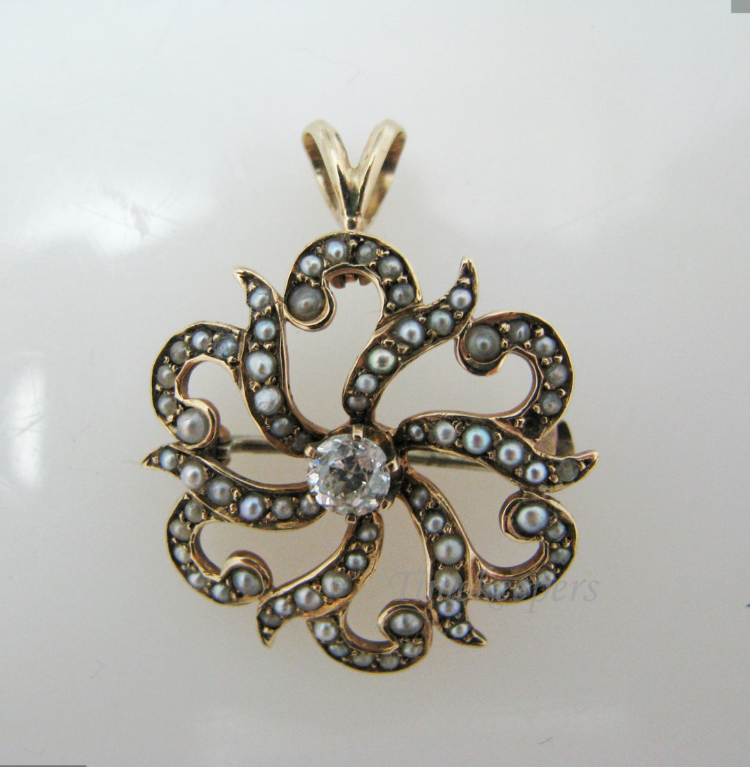 a635 Beautiful 14k Yellow Gold Filigree Brooch/ Pendant with Diamond Seed Pearls