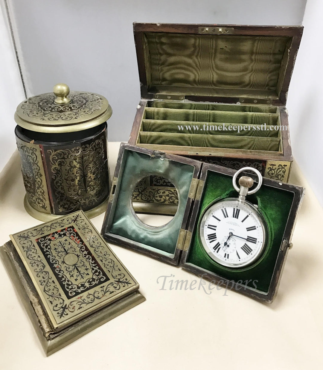 a453 Antique Stationery Set Boulle Marquetry Work Table Box Clock J.C.Vickery