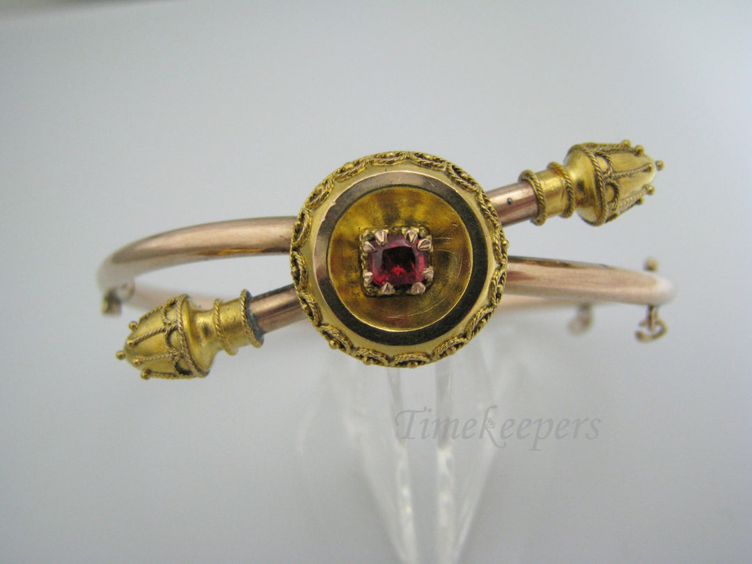 a715 Stunning Vintage 9k Yellow Gold Hinged Bangle Red Stone Bracelet