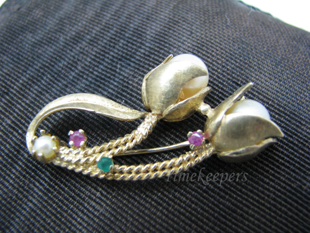 a637 Lovely Vintage Tulips Brooch Pin Rubies, Pearls and Emeralds in 14k Yellow Gold