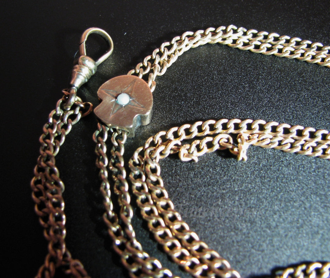 c468 Vintage Gold Filled Watch Chain with 10k Gold Slide With Pearl in Center