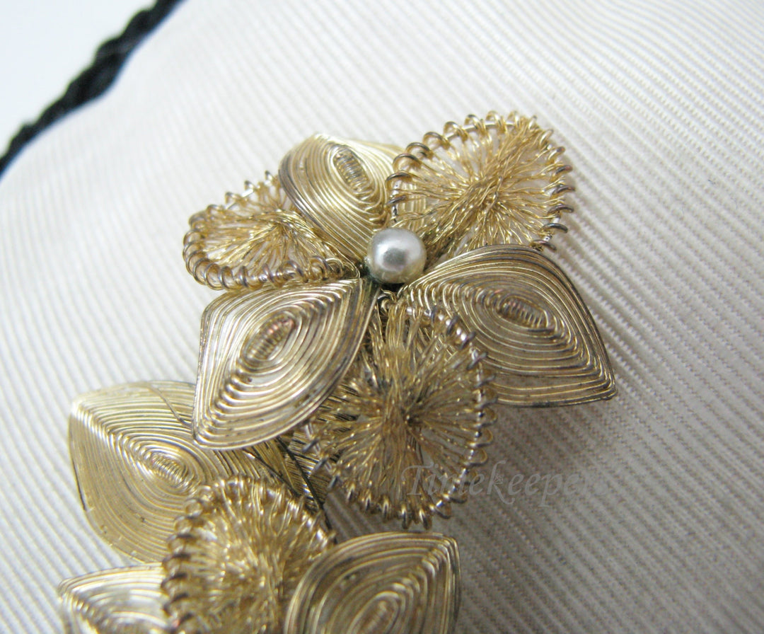 a669 Vintage Hand Made Wire Wrapped Flower Brooch with Pearl Centers