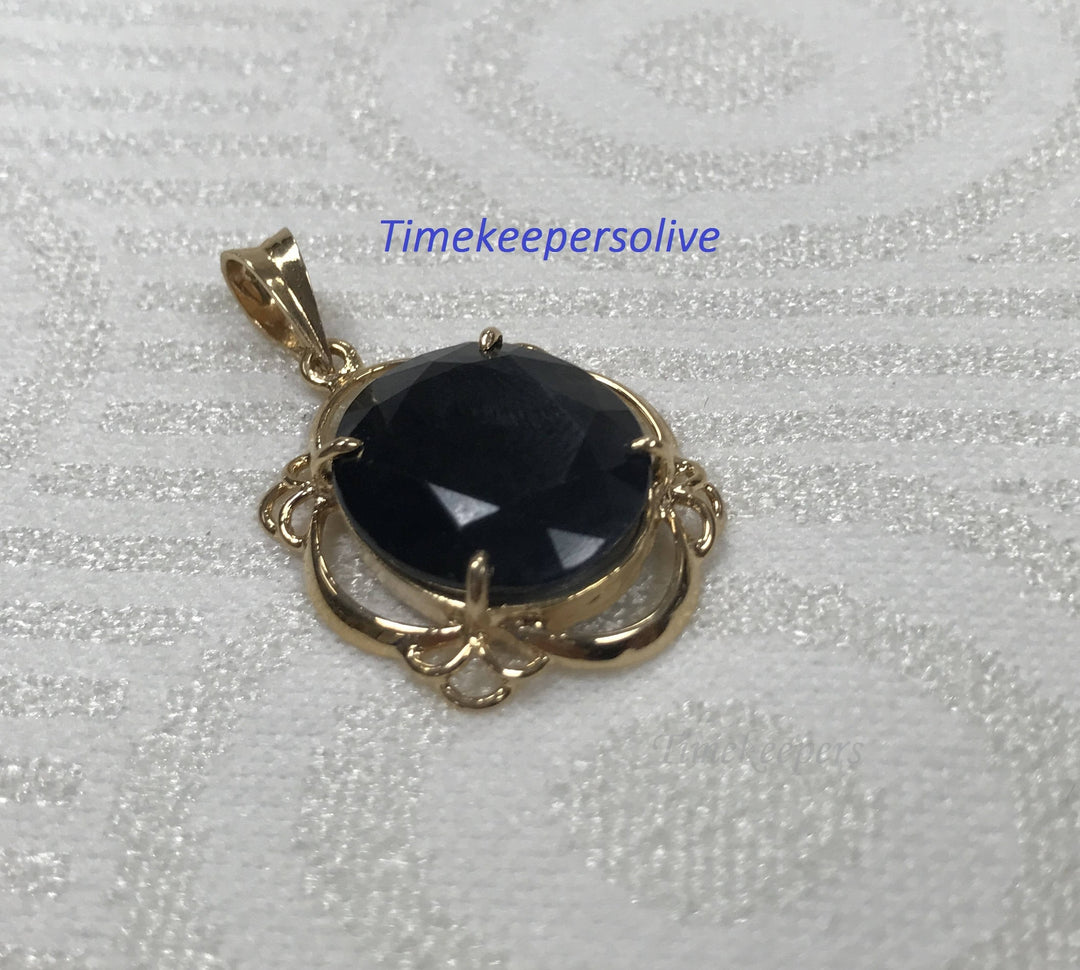 a963 Stunning 18K Yellow Gold Floral Pendant Charm with Dark Synthetic Stone + Gift