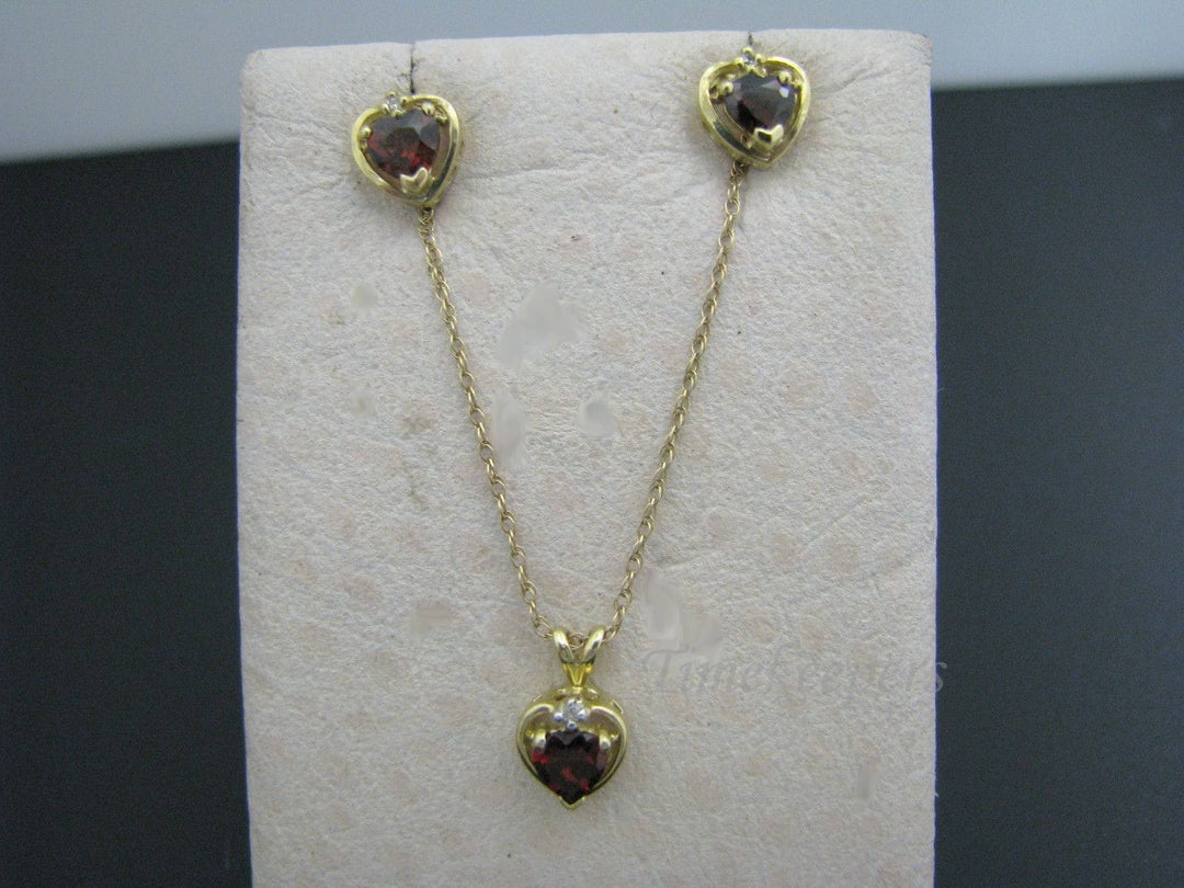a944 Beautiful 14k Yellow Gold Heart Necklace & Earring Set with Dark Red Stones