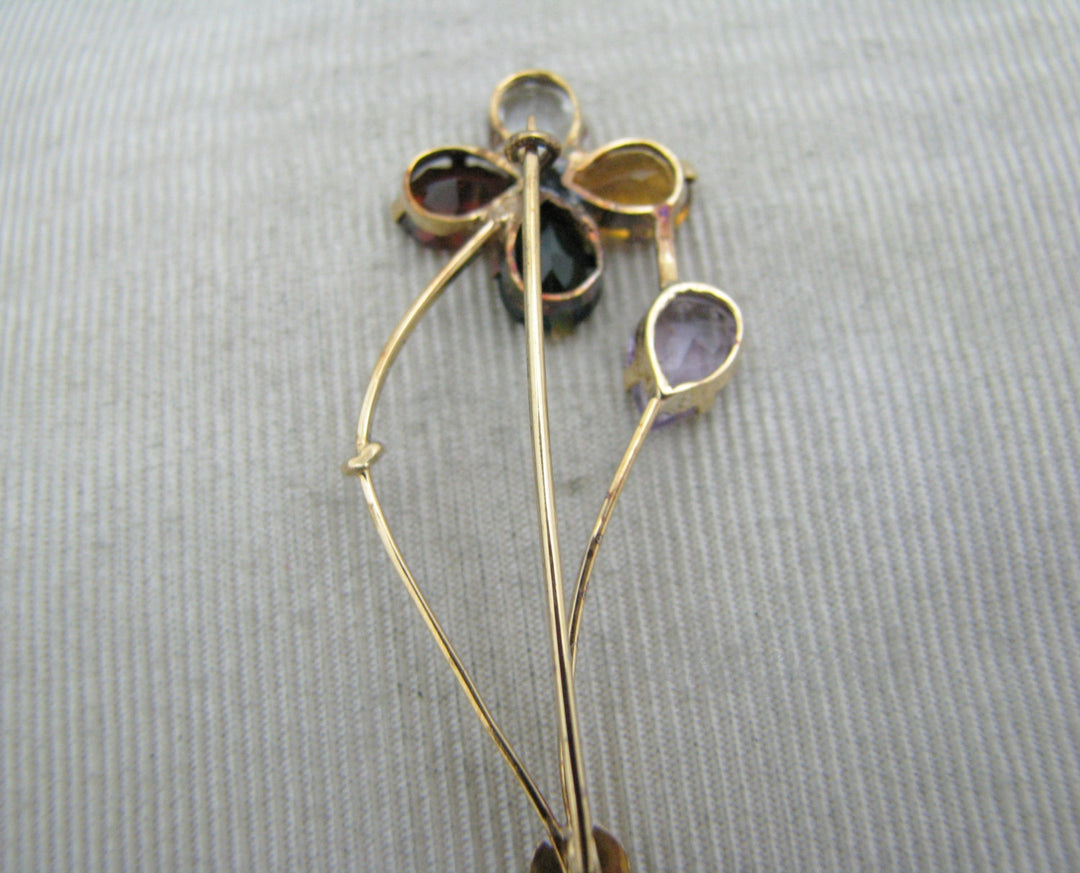 a574 Lovely Vintage 14k Yellow Gold Pear Shape Gemstone Flower Brooch