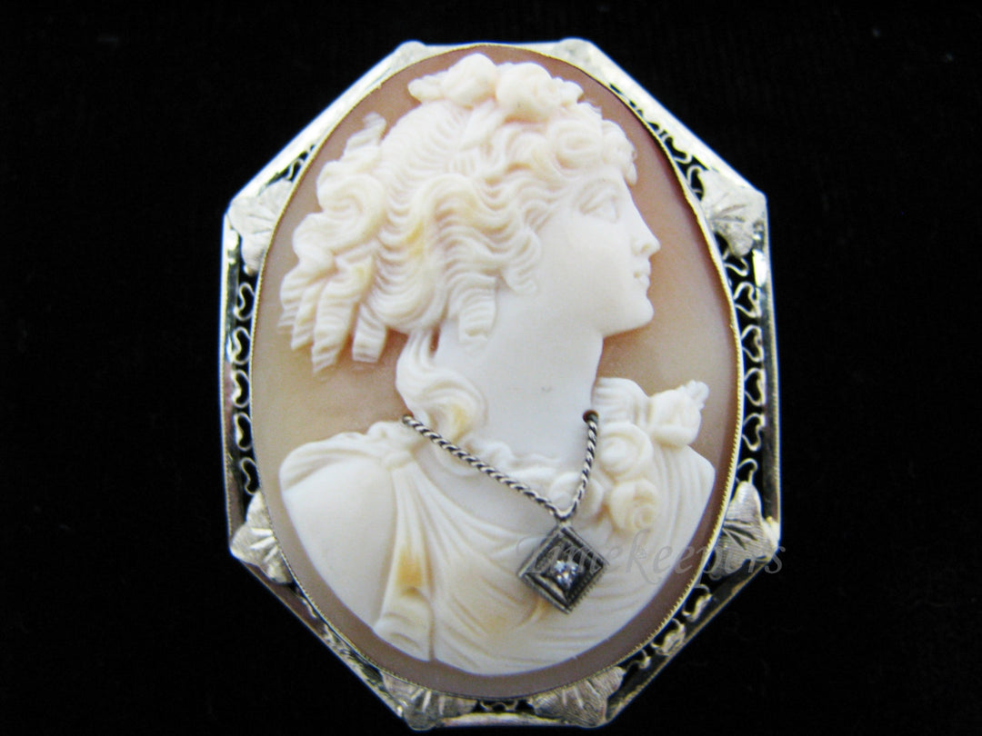 c486 Vintage 14k White Gold Carved Cameo Convertible Brooch/ Pendant with Diamond