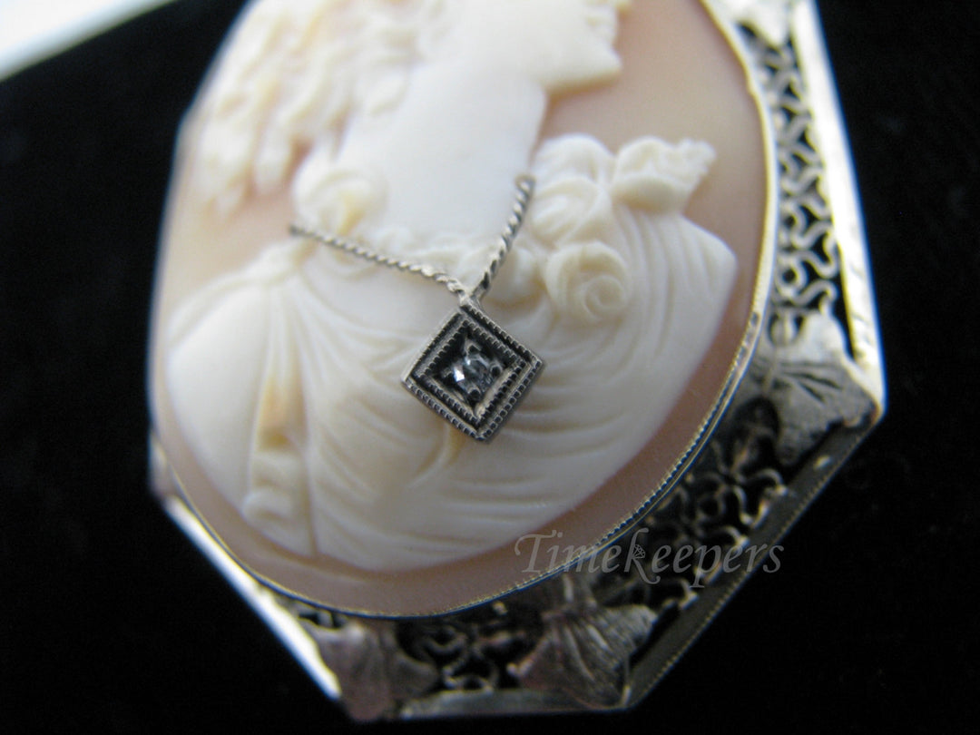 c486 Vintage 14k White Gold Carved Cameo Convertible Brooch/ Pendant with Diamond