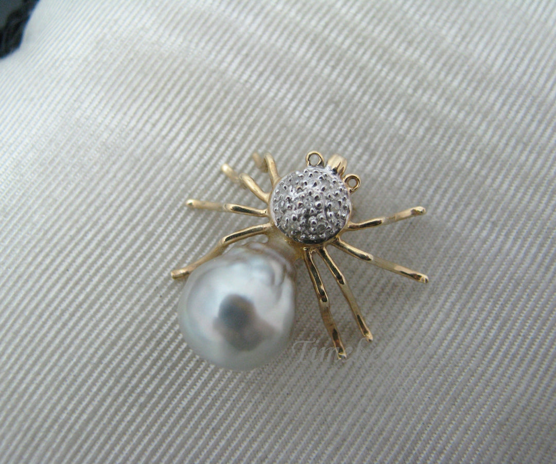 a578 Stunning Vintage 14k Yellow Gold Spider Brooch Pin Pearl Body Diamond Head