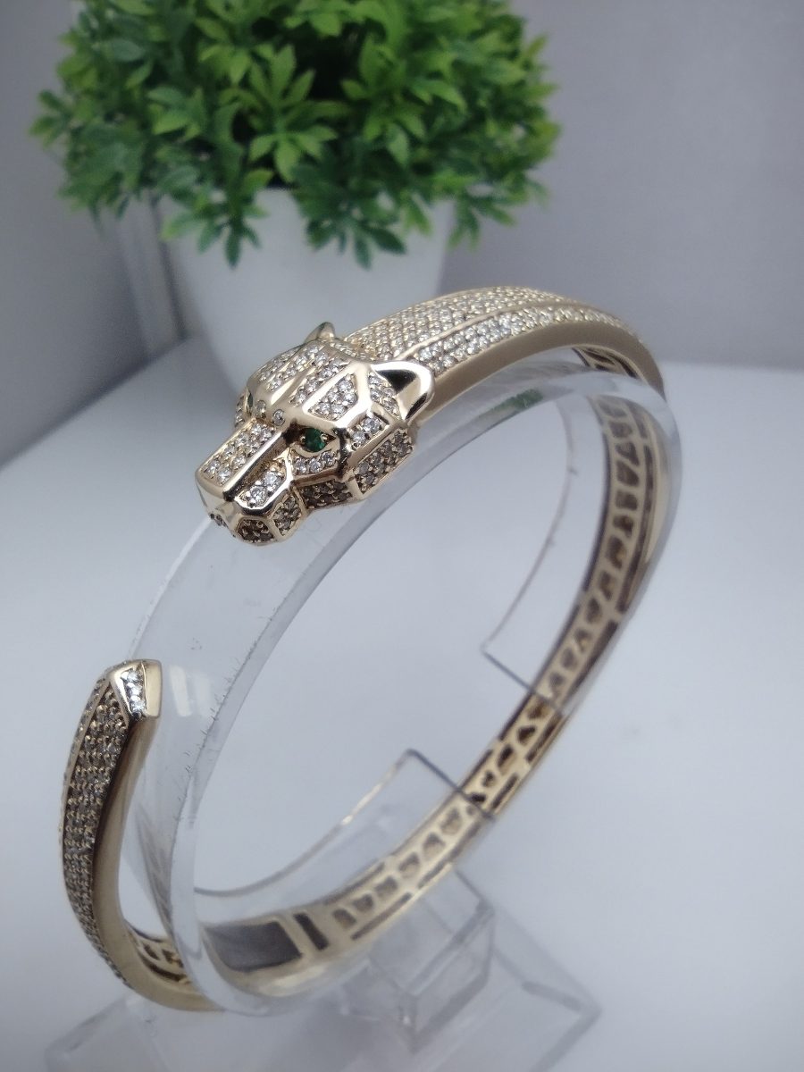 k620 Stunning Ladies 14kt Yellow Gold EFFY Diamond Panther Bangle Bracelet