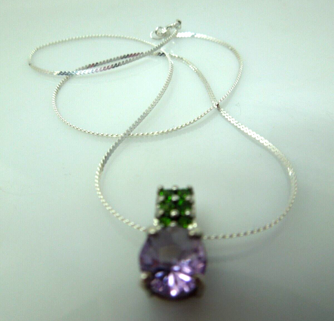 s962 Solid Sterling Silver Synthetic Purple and Green Stone Necklace 15"/3.4g