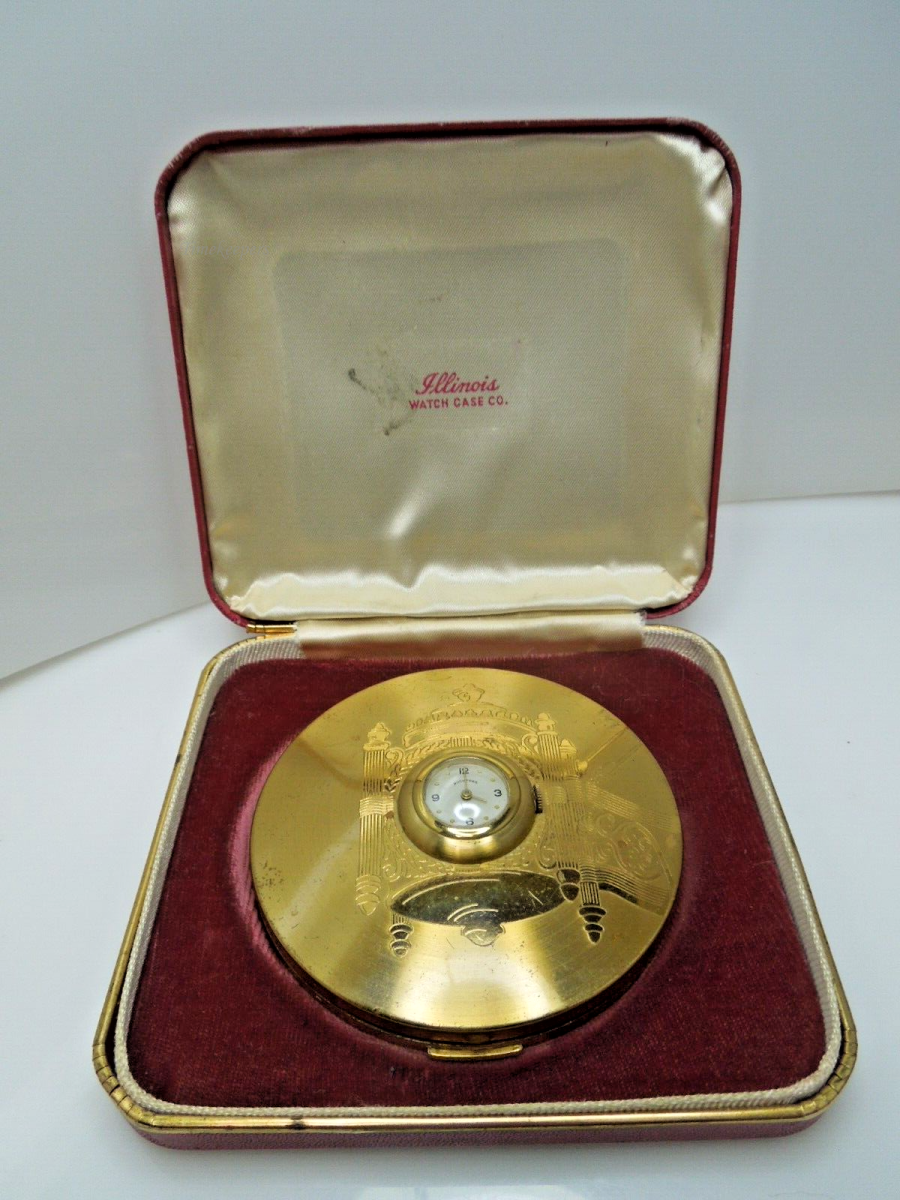 s657 Ladies Compact with watch Rockford Signed Circa 1935 Illinois Case Co with working watch Compound