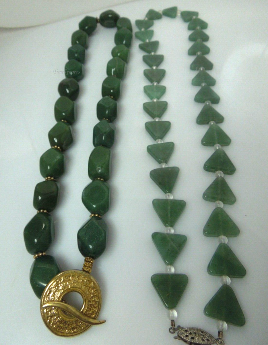 t137 Set of 2 Green Aventurine faceted beaded Gold tone toggle Clasp Necklace and Green Aventurine Triangle Necklace with Silvertone Clasp  