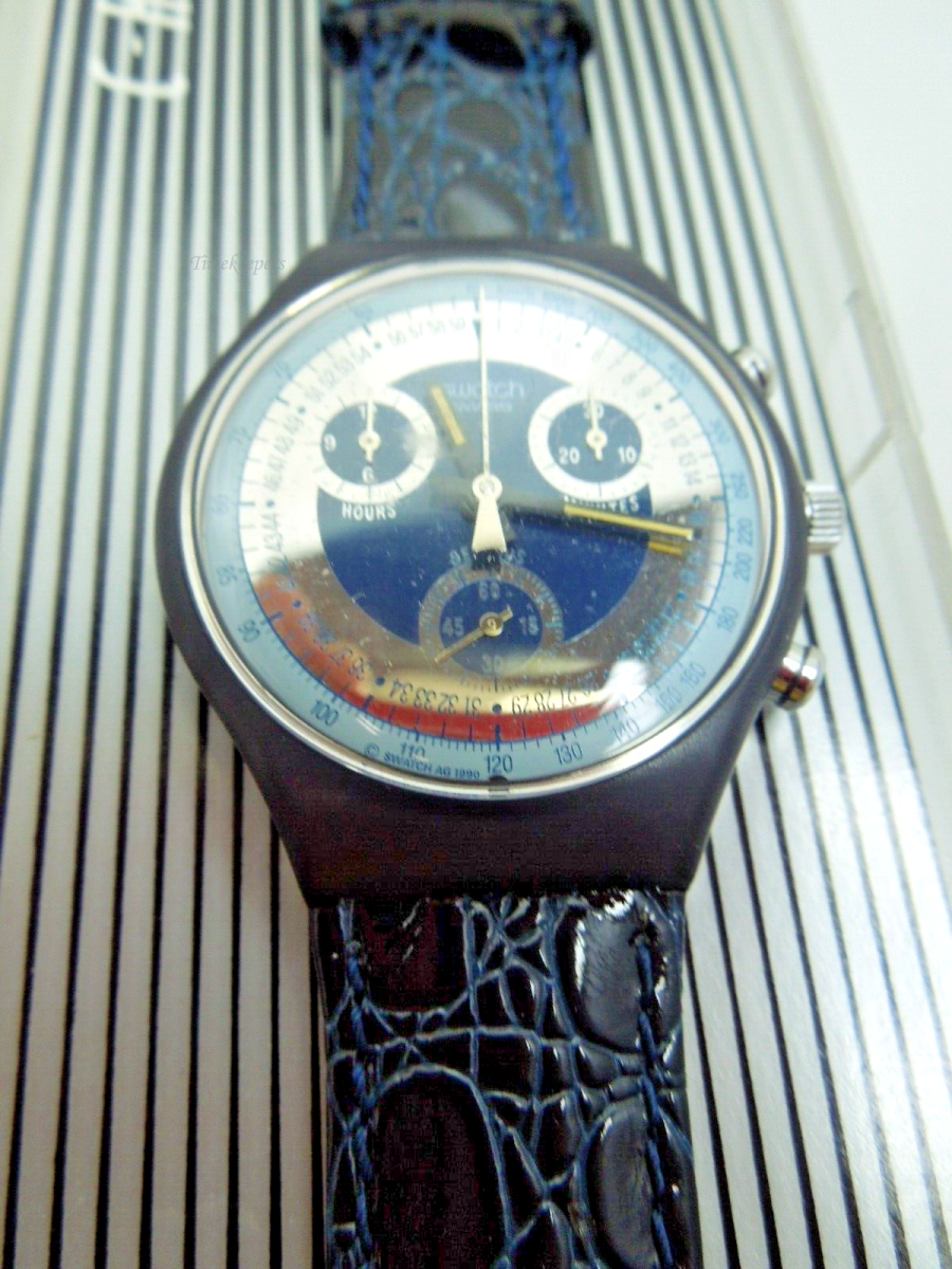 s758 1992 Swatch Watch Silver Star Chrono Chronograph Leather SCN102 with original box 