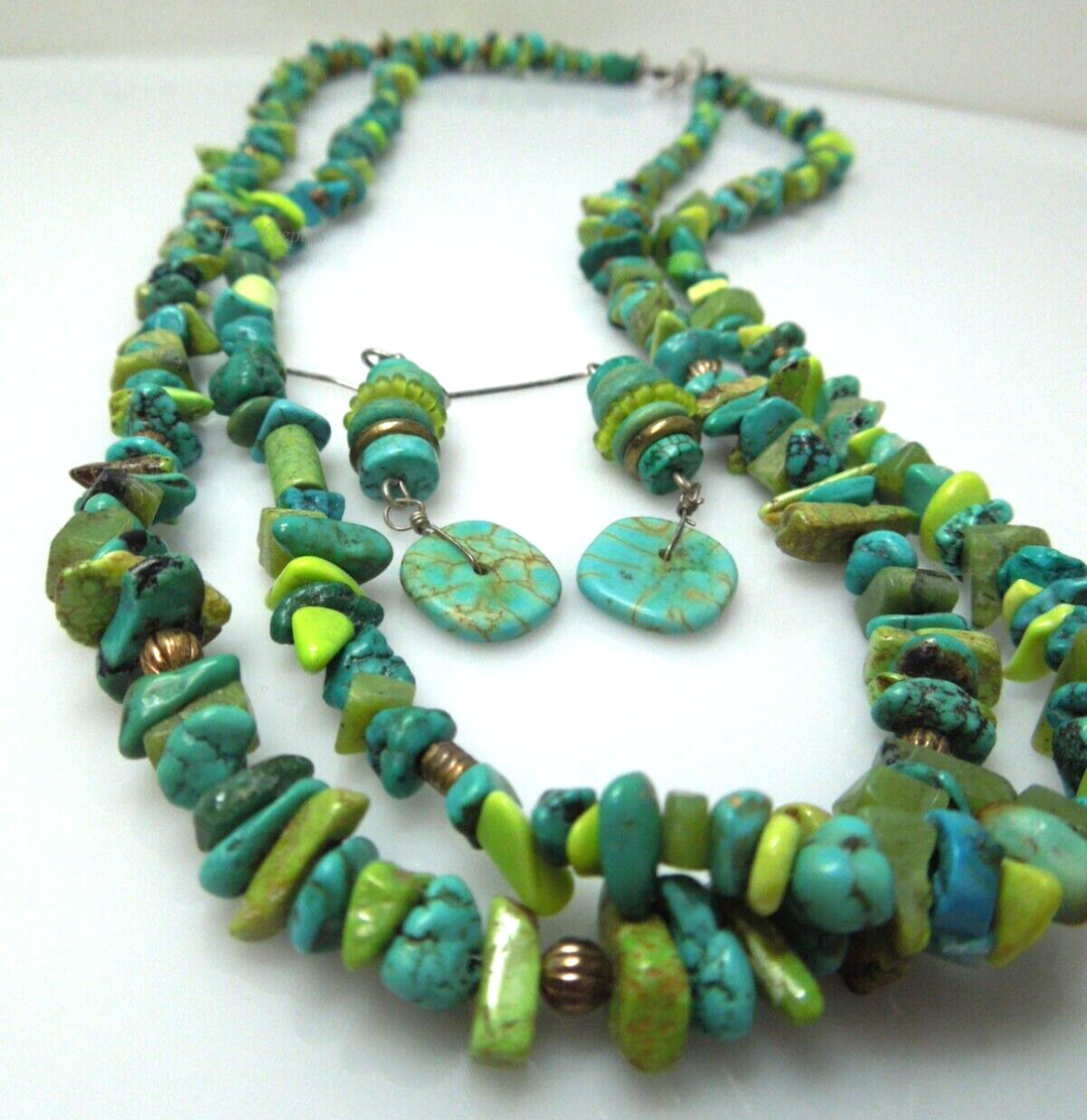 s943 Vintage Double Strand Turquoise Beaded Necklace and Dangle Earrings Set