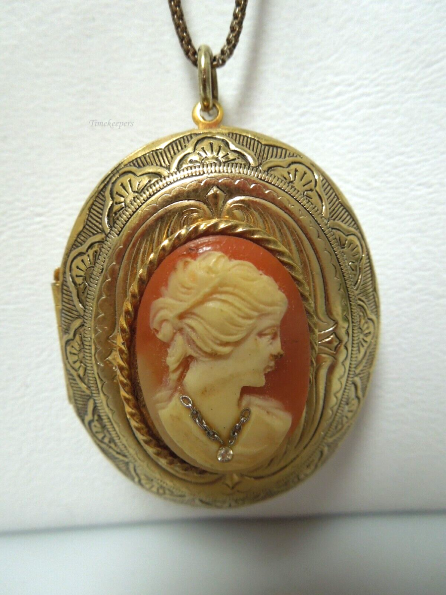 s892 Vintage Cameo Locket on Chain, Gold Filled Metal and Resin Faux Cameo, Queenly Medieval Jewels, 1970s