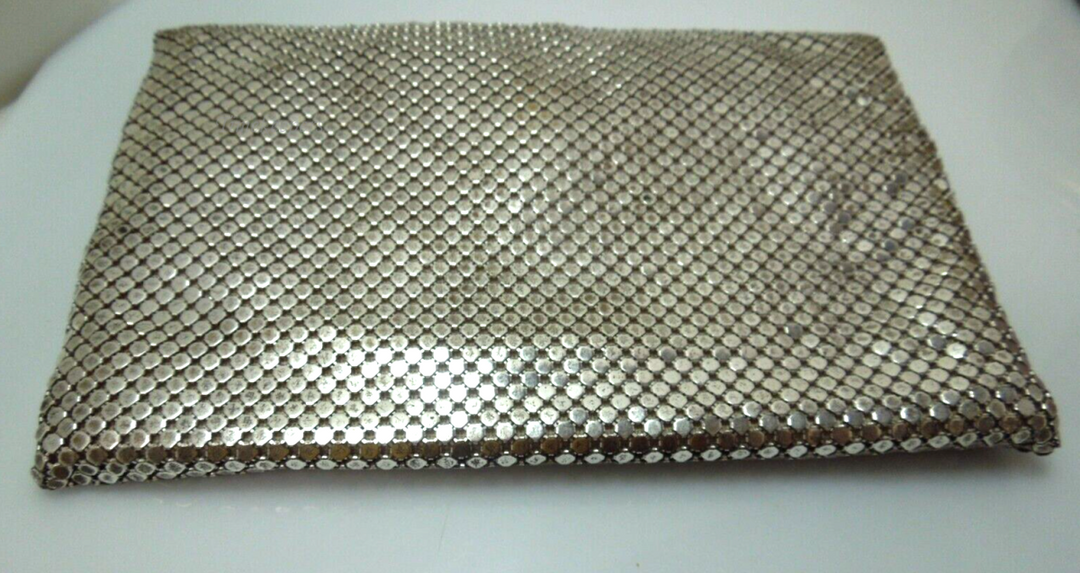 s919 Vintage Whiting & David Silver Clutch Bag With Rhinestone Clasp,Art Deco Silver Metal Mesh Crystal Paste Evening Bag  