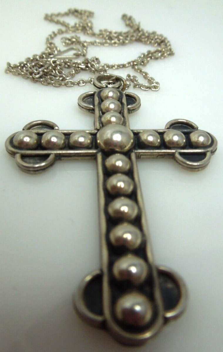 s706 Vintage Thick Beaded Solid Sterling Cross Mexico with 27" Silver Chain