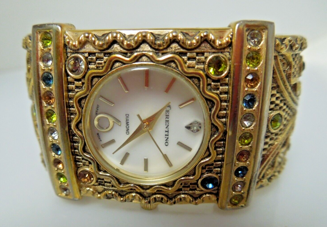 s998 Gold Tone Cerentino Bangle Quartz Watch, Diamond lots of rhinestones,Cuff Bracelet Watch