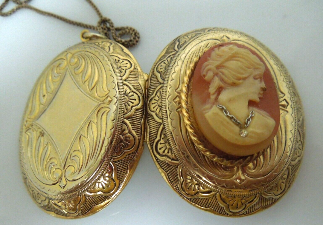 s892 Vintage Cameo Locket on Chain, Gold Filled Metal and Resin Faux Cameo, Queenly Medieval Jewels, 1970s