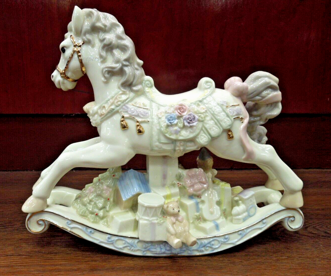 s681 Vintage Sankyo-Fine Porcelain-Christmas Musical Rocking Horse
