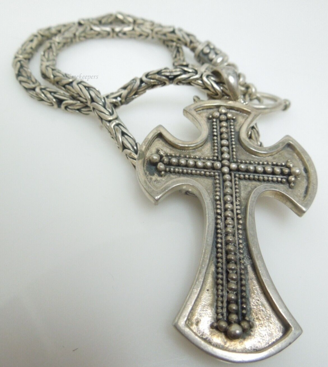 s708 Vintage Solid Sterling Silver Beaded Thick Cross with Byzantine Chain Necklace Toggle Closure 78.3g