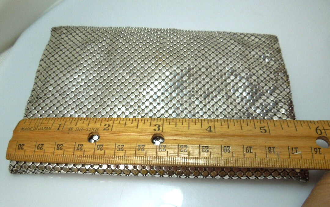 s919 Vintage Whiting & David Silver Clutch Bag With Rhinestone Clasp,Art Deco Silver Metal Mesh Crystal Paste Evening Bag  