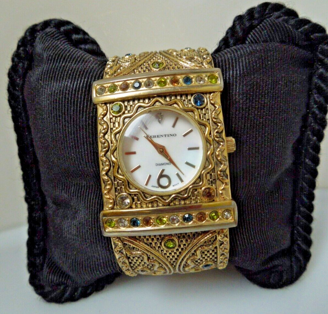 s998 Gold Tone Cerentino Bangle Quartz Watch, Diamond lots of rhinestones,Cuff Bracelet Watch