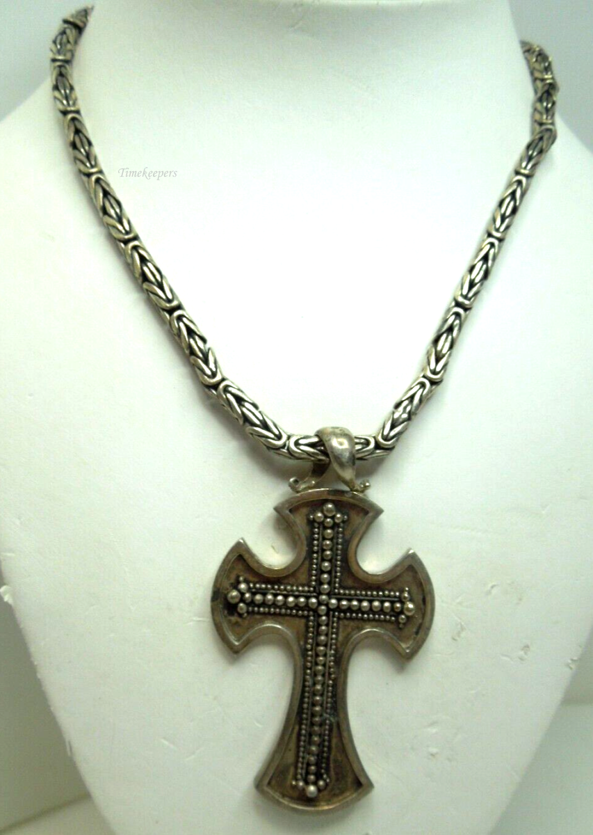 s708 Vintage Solid Sterling Silver Beaded Thick Cross with Byzantine Chain Necklace Toggle Closure 78.3g