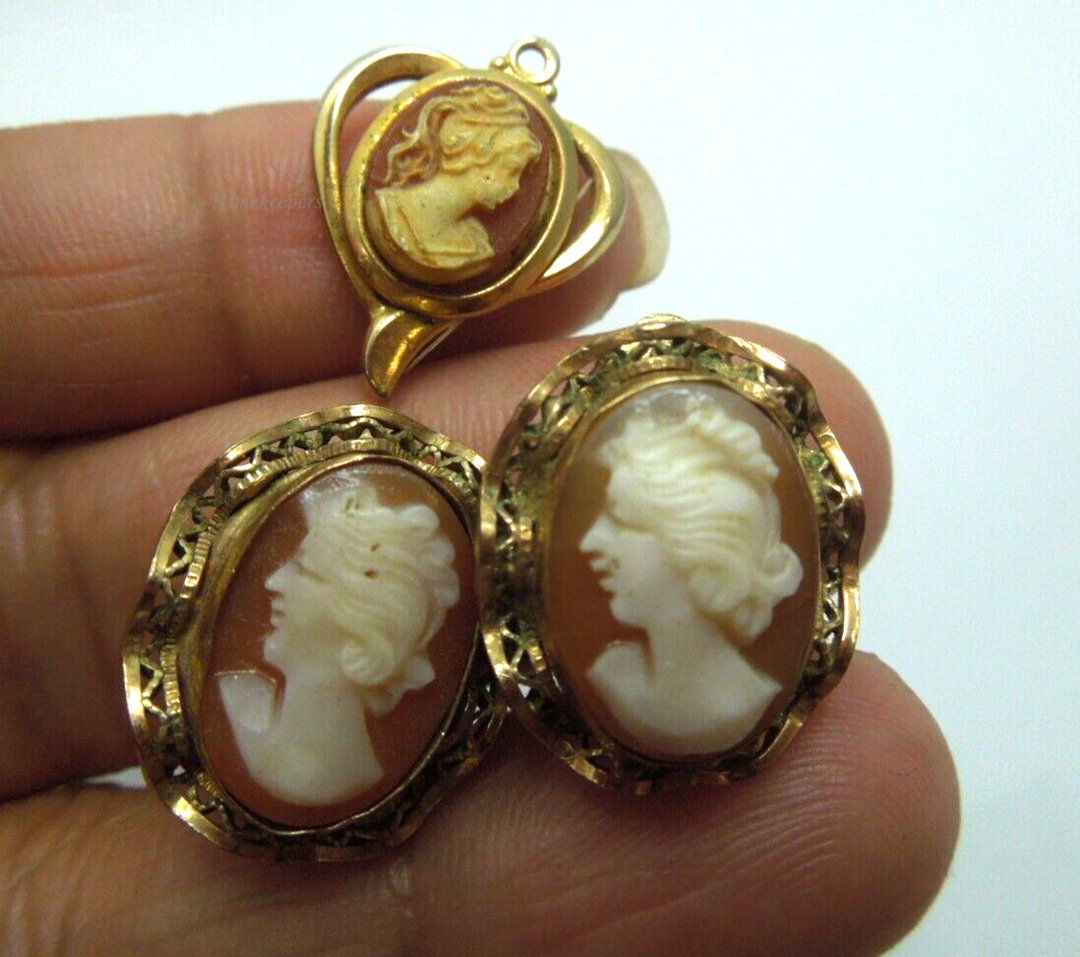 s823 Carved Shell Cameo Gold Filled Vintage Earrings and Carved Shell Cameo Pendant